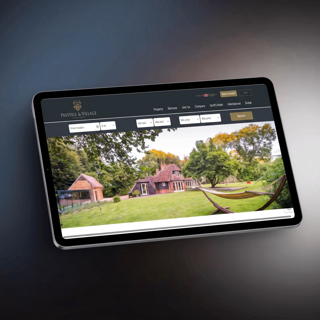 Prestige & Village Property Search Platform (Tablet Mockup)